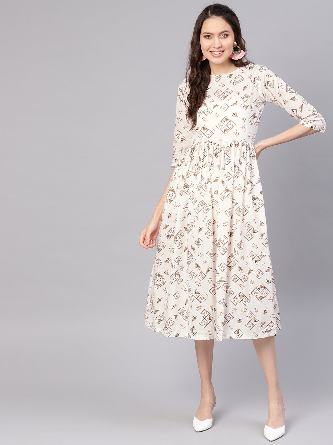 Women Off-White & Brown Printed A-Line Dress | LASVINI - Redefining Indian Fashion with Elegance