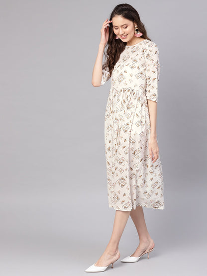 Women Off-White & Brown Printed A-Line Dress | LASVINI - Redefining Indian Fashion with Elegance
