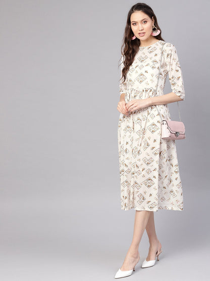 Women Off-White & Brown Printed A-Line Dress | LASVINI - Redefining Indian Fashion with Elegance
