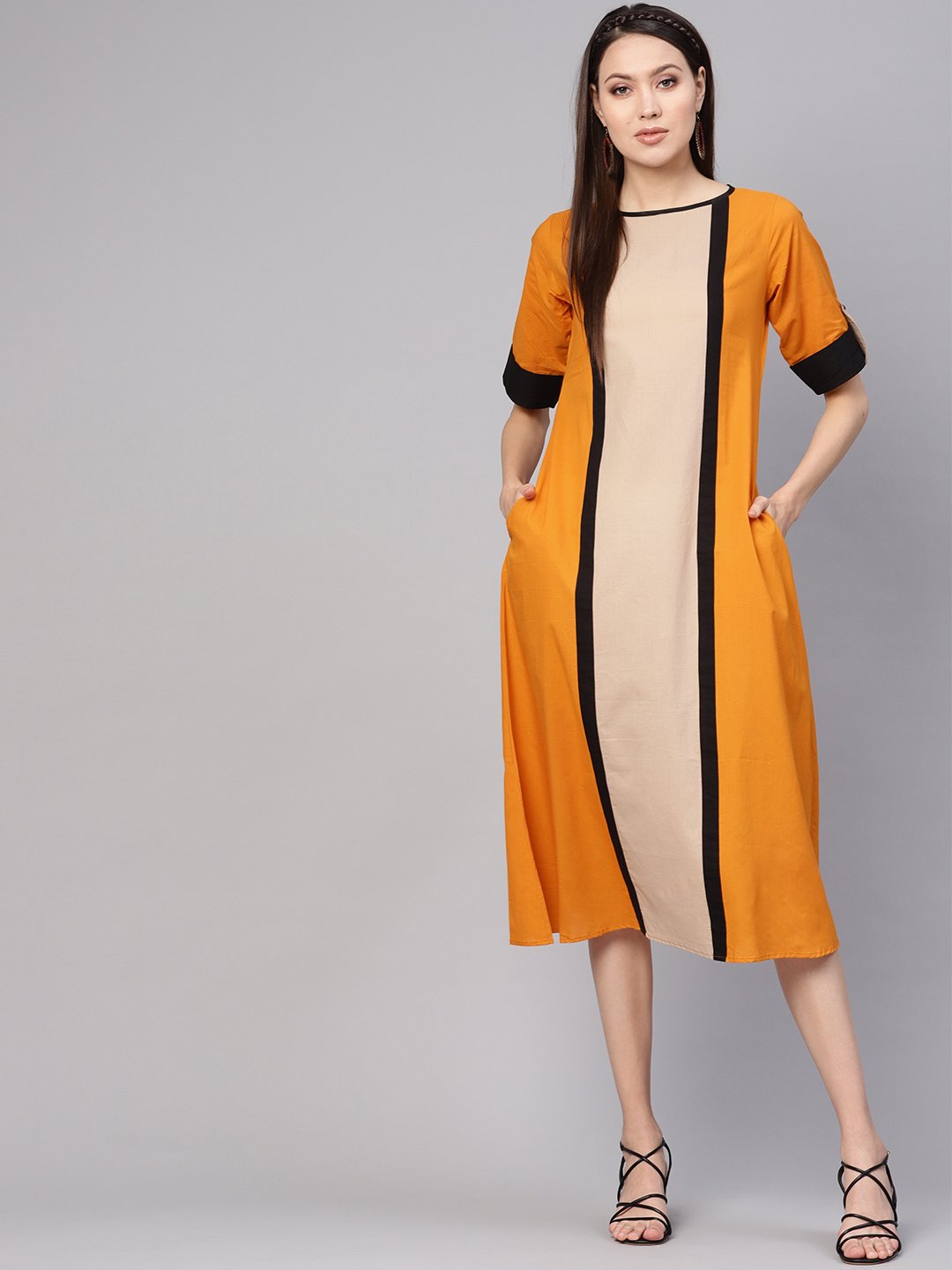 Women Mustard Yellow & Beige Colourblocked A-Line Dress | LASVINI - Redefining Indian Fashion with Elegance