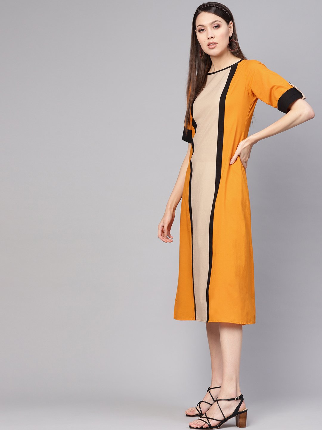 Women Mustard Yellow & Beige Colourblocked A-Line Dress | LASVINI - Redefining Indian Fashion with Elegance
