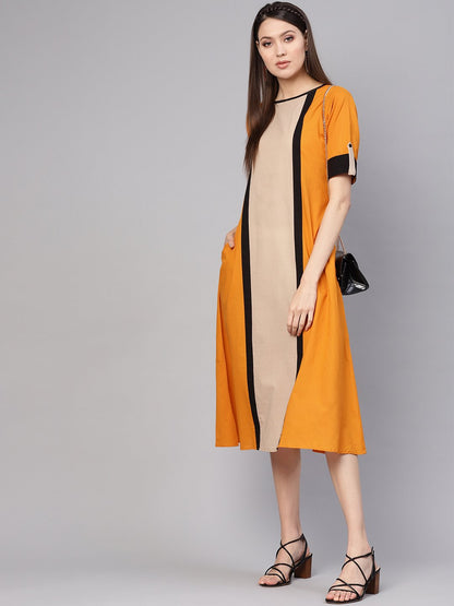 Women Mustard Yellow & Beige Colourblocked A-Line Dress | LASVINI - Redefining Indian Fashion with Elegance