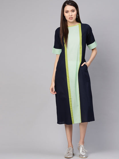 Women Navy Blue & Green Colourblocked A-Line Dress | LASVINI - Redefining Indian Fashion with Elegance