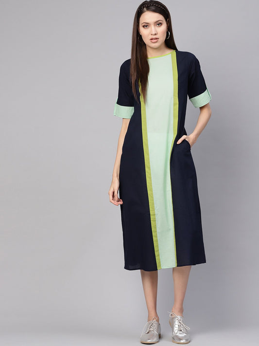 Women Navy Blue & Green Colourblocked A-Line Dress | LASVINI - Redefining Indian Fashion with Elegance