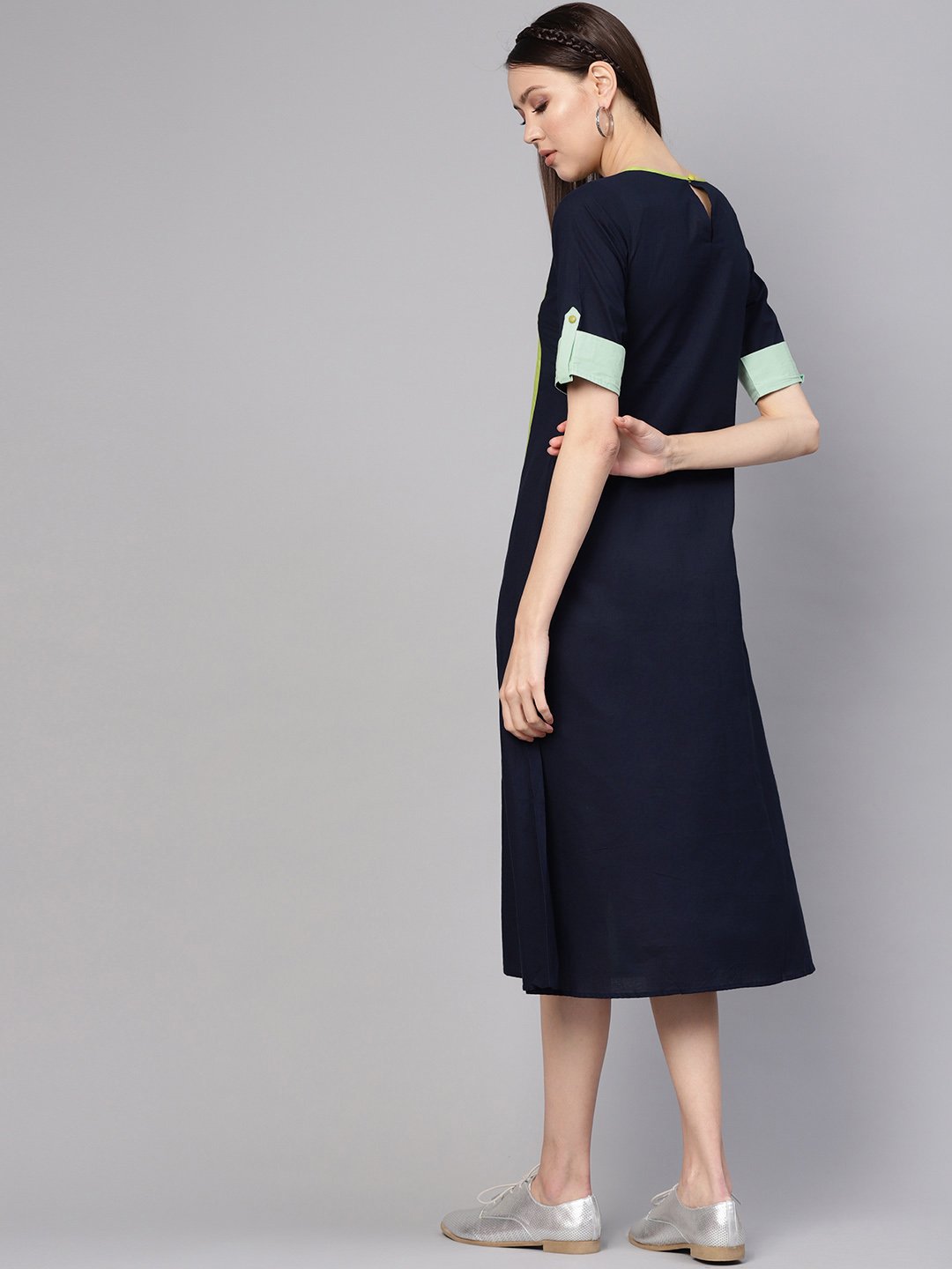 Women Navy Blue & Green Colourblocked A-Line Dress | LASVINI - Redefining Indian Fashion with Elegance
