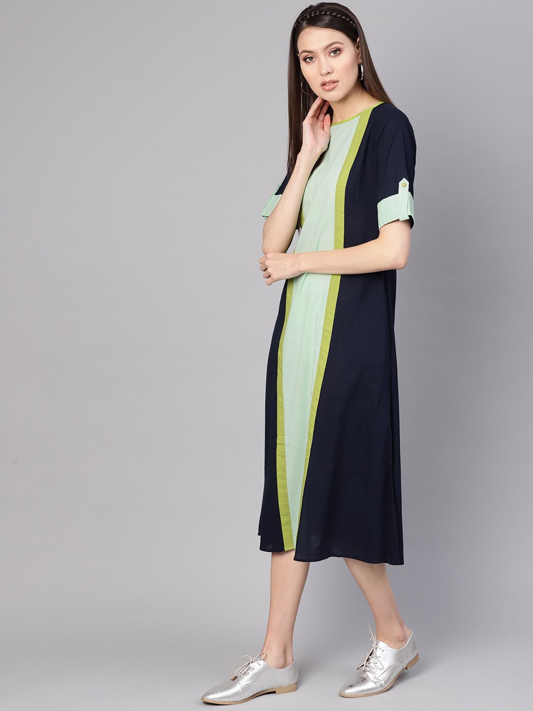 Women Navy Blue & Green Colourblocked A-Line Dress | LASVINI - Redefining Indian Fashion with Elegance