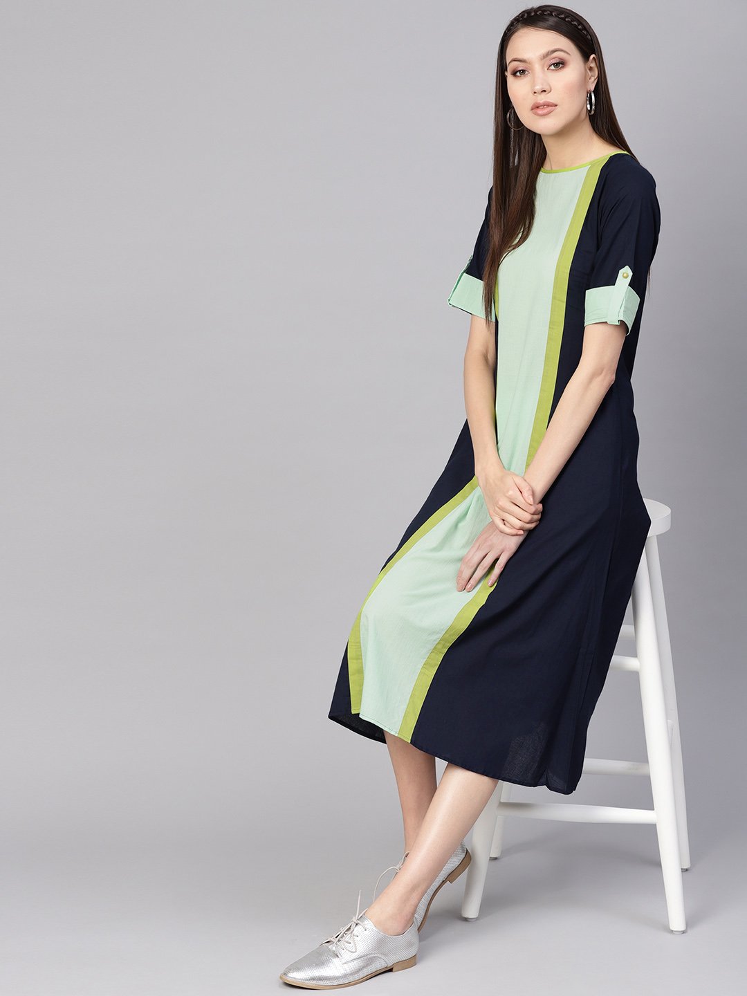 Women Navy Blue & Green Colourblocked A-Line Dress | LASVINI - Redefining Indian Fashion with Elegance