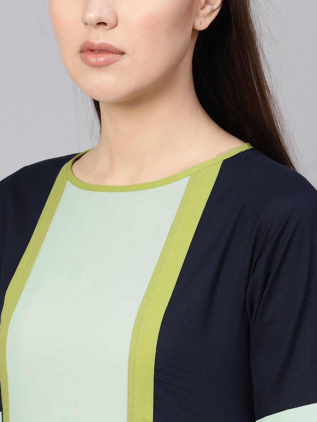 Women Navy Blue & Green Colourblocked A-Line Dress | LASVINI - Redefining Indian Fashion with Elegance