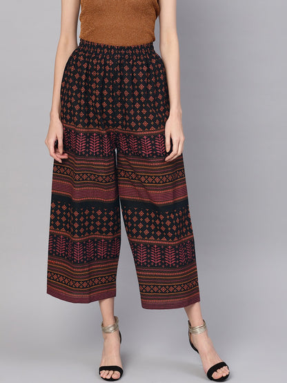 Women Black & Orange Printed Cropped Straight Palazzos | LASVINI - Redefining Indian Fashion with Elegance