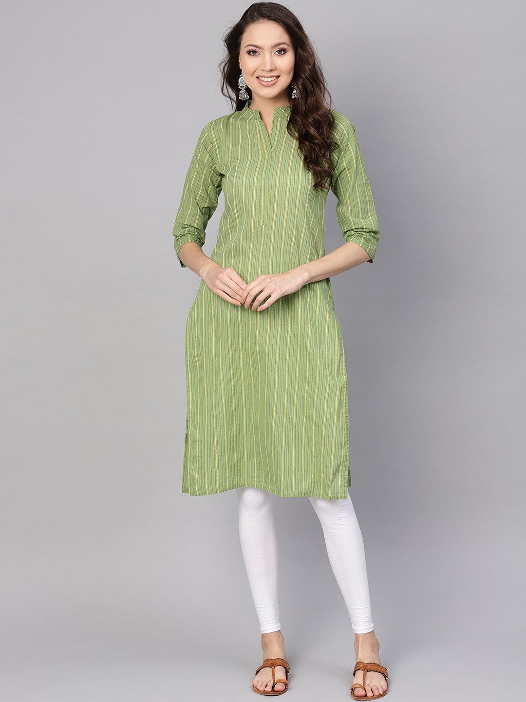 Women Green & Red Striped Straight Kurta | LASVINI - Redefining Indian Fashion with Elegance