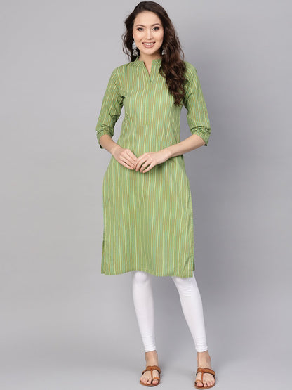 Women Green & Red Striped Straight Kurta | LASVINI - Redefining Indian Fashion with Elegance