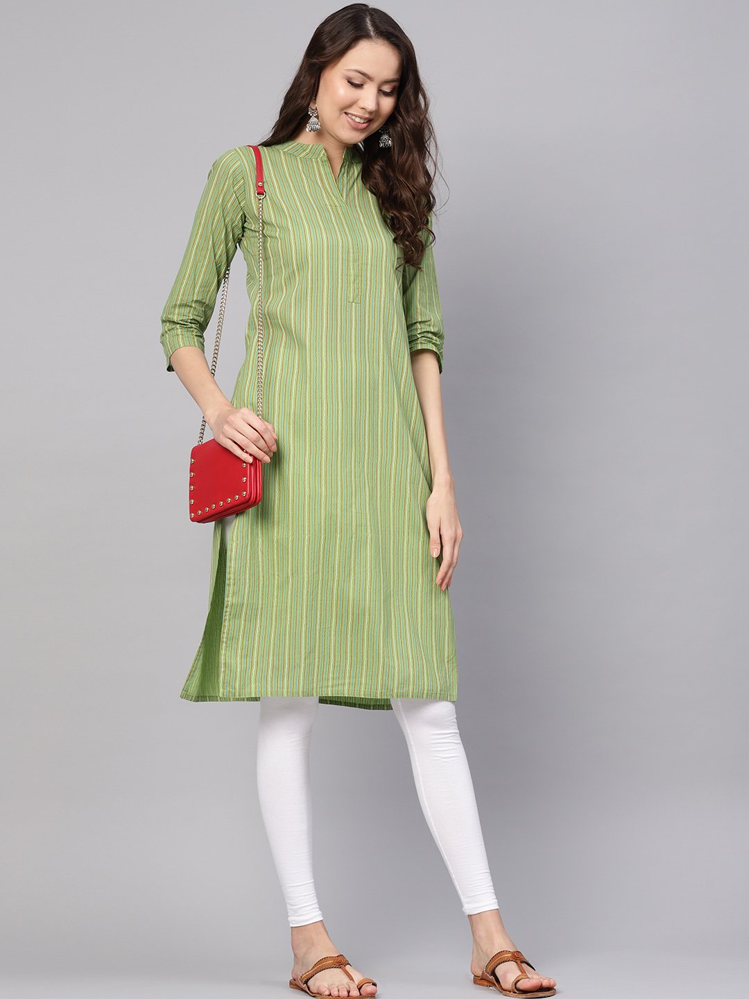 Women Green & Red Striped Straight Kurta | LASVINI - Redefining Indian Fashion with Elegance
