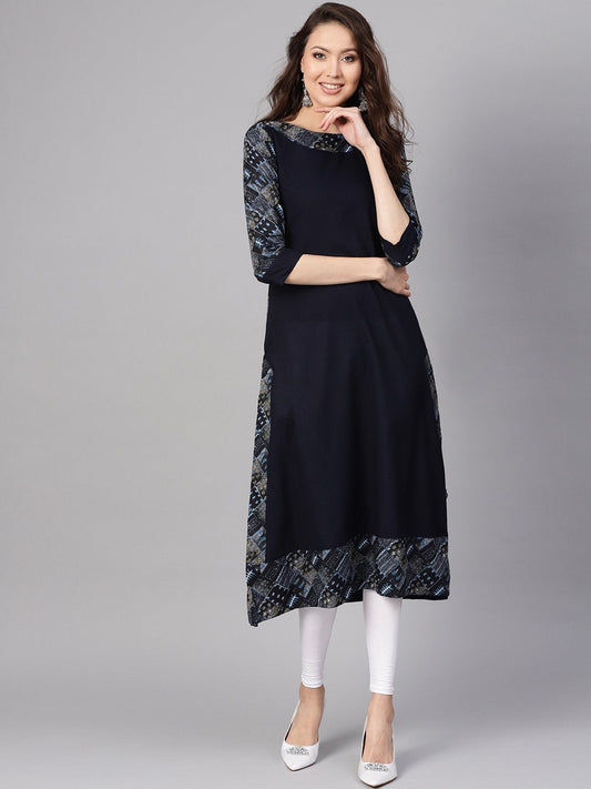 Women Navy Blue Solid A-Line Kurta | LASVINI - Redefining Indian Fashion with Elegance