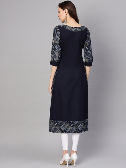 Women Navy Blue Solid A-Line Kurta | LASVINI - Redefining Indian Fashion with Elegance
