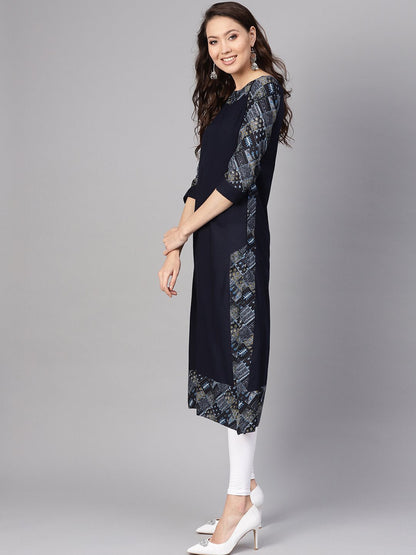Women Navy Blue Solid A-Line Kurta | LASVINI - Redefining Indian Fashion with Elegance