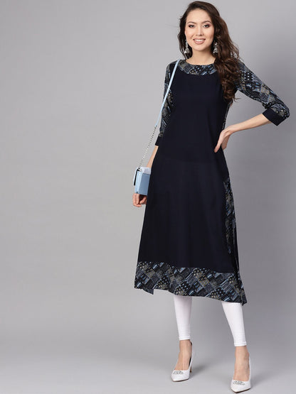 Women Navy Blue Solid A-Line Kurta | LASVINI - Redefining Indian Fashion with Elegance