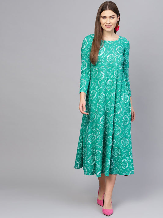 Women Green & White Printed Maxi Dress | LASVINI - Redefining Indian Fashion with Elegance
