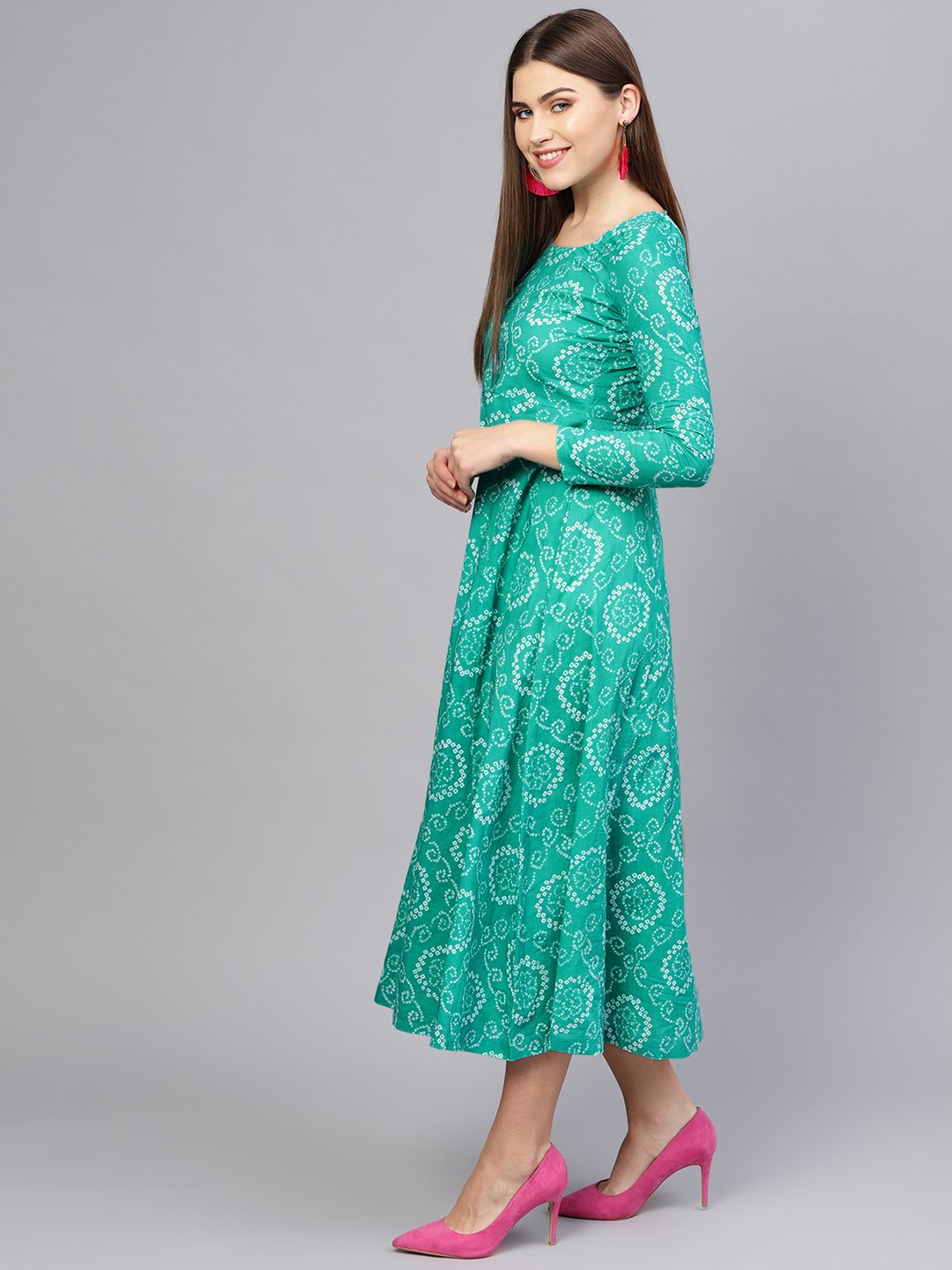 Women Green & White Printed Maxi Dress | LASVINI - Redefining Indian Fashion with Elegance