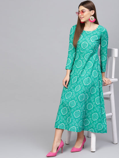 Women Green & White Printed Maxi Dress | LASVINI - Redefining Indian Fashion with Elegance
