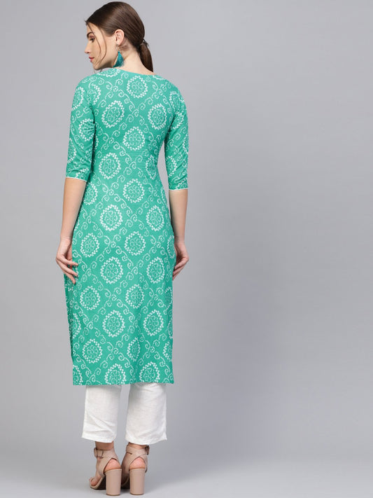 Women Green & White Printed Straight Kurta | LASVINI - Redefining Indian Fashion with Elegance