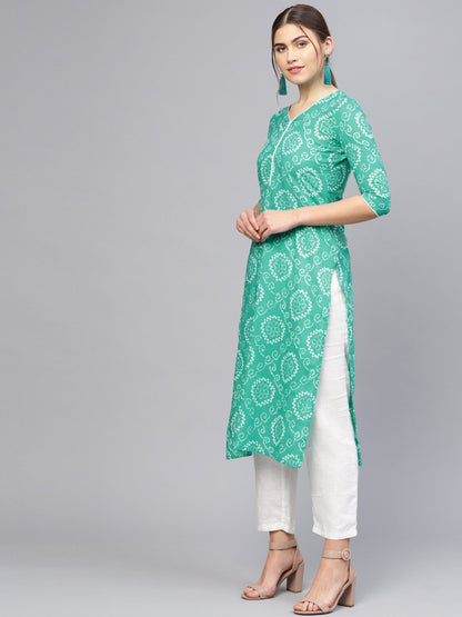 Women Green & White Printed Straight Kurta | LASVINI - Redefining Indian Fashion with Elegance