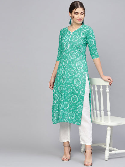Women Green & White Printed Straight Kurta | LASVINI - Redefining Indian Fashion with Elegance