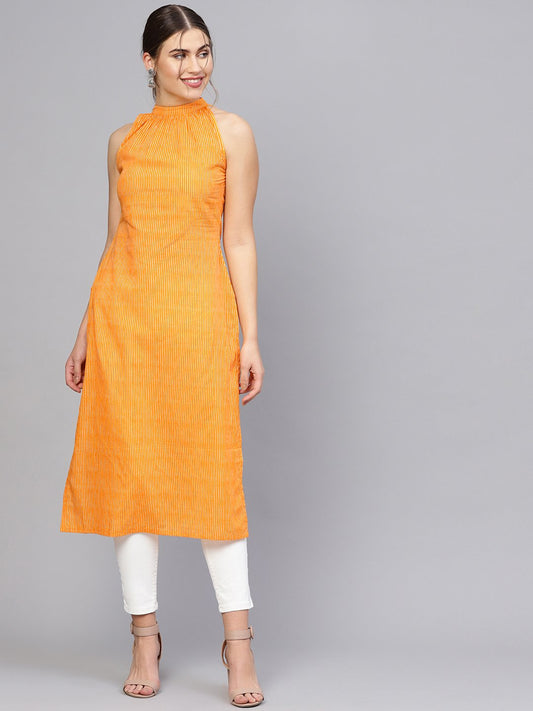 Women Orange & Off-White Striped Straight Kurta | LASVINI - Redefining Indian Fashion with Elegance