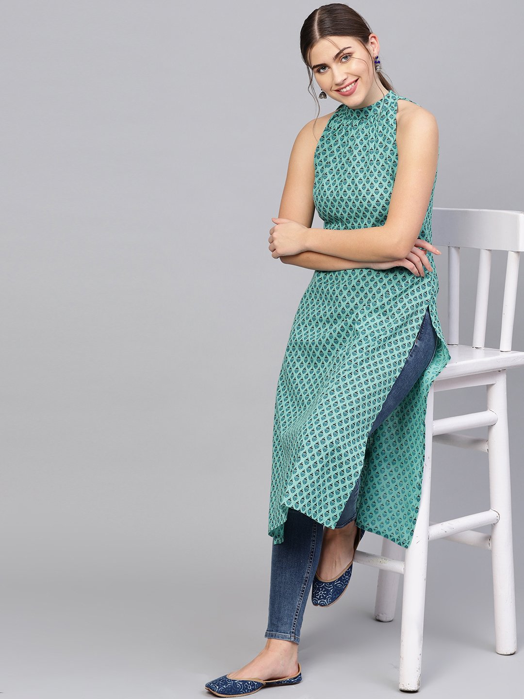 Women Green & Blue Printed Straight Kurta | LASVINI - Redefining Indian Fashion with Elegance