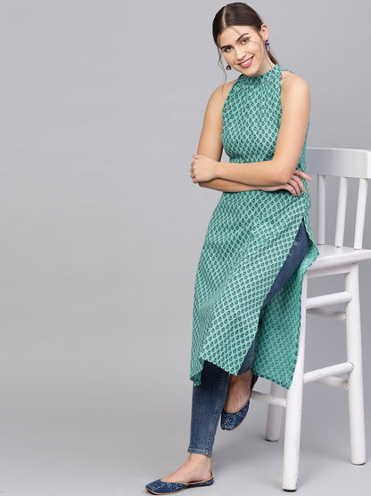 Women Green & Blue Printed Straight Kurta | LASVINI - Redefining Indian Fashion with Elegance