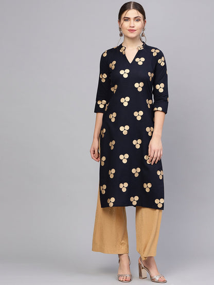 Women Navy Blue & Golden Printed Straight Kurta | LASVINI - Redefining Indian Fashion with Elegance