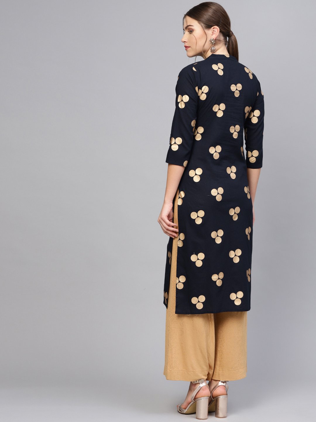 Women Navy Blue & Golden Printed Straight Kurta | LASVINI - Redefining Indian Fashion with Elegance