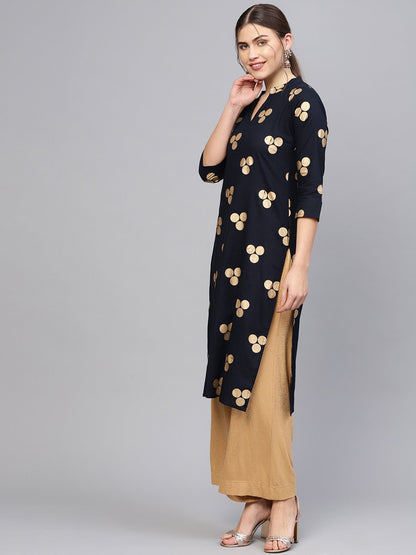 Women Navy Blue & Golden Printed Straight Kurta | LASVINI - Redefining Indian Fashion with Elegance