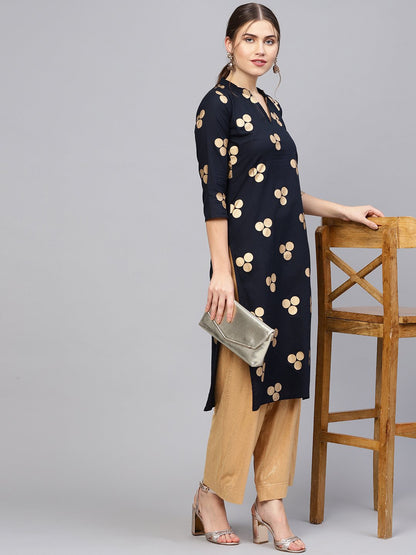 Women Navy Blue & Golden Printed Straight Kurta | LASVINI - Redefining Indian Fashion with Elegance