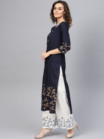 Women Navy Blue & White Printed Kurta With Palazzos | LASVINI - Redefining Indian Fashion with Elegance
