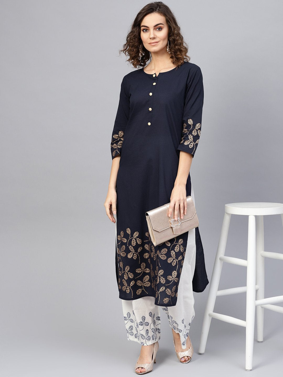 Women Navy Blue & White Printed Kurta With Palazzos | LASVINI - Redefining Indian Fashion with Elegance