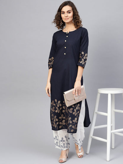 Women Navy Blue & White Printed Kurta With Palazzos | LASVINI - Redefining Indian Fashion with Elegance