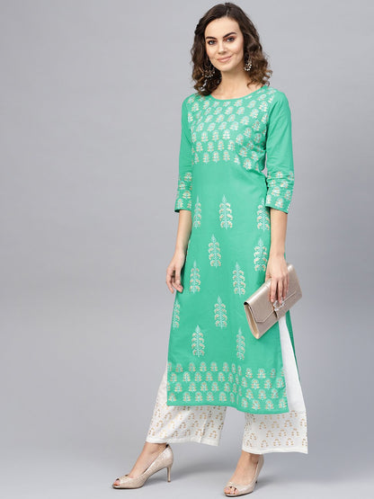 Women Green & White Printed Kurta With Palazzos | LASVINI - Redefining Indian Fashion with Elegance
