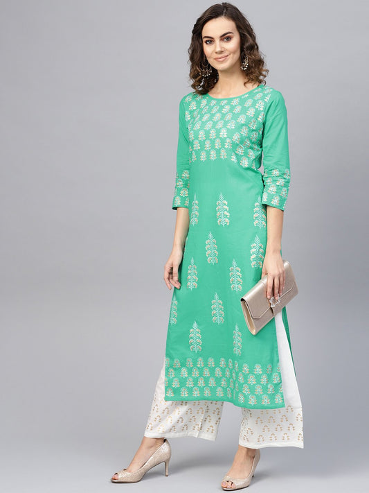Women Green & White Printed Kurta With Palazzos | LASVINI - Redefining Indian Fashion with Elegance