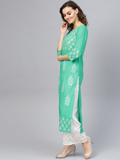 Women Green & White Printed Kurta With Palazzos | LASVINI - Redefining Indian Fashion with Elegance