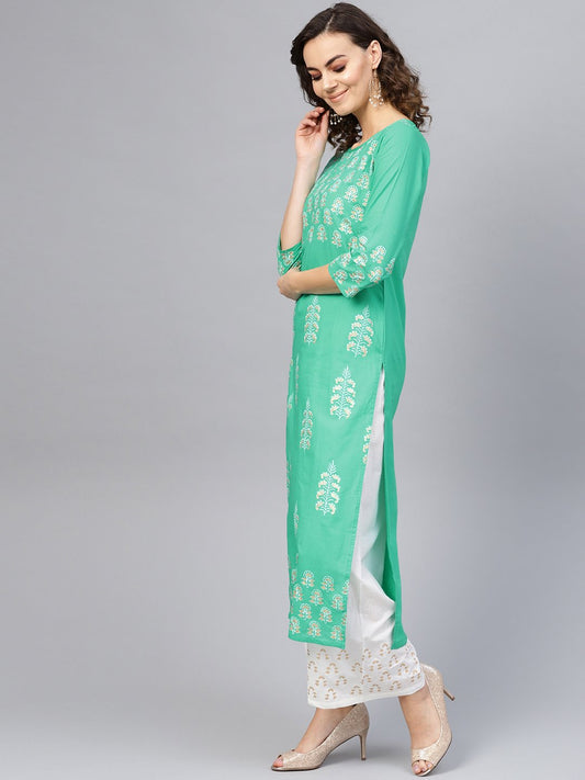 Women Green & White Printed Kurta With Palazzos | LASVINI - Redefining Indian Fashion with Elegance