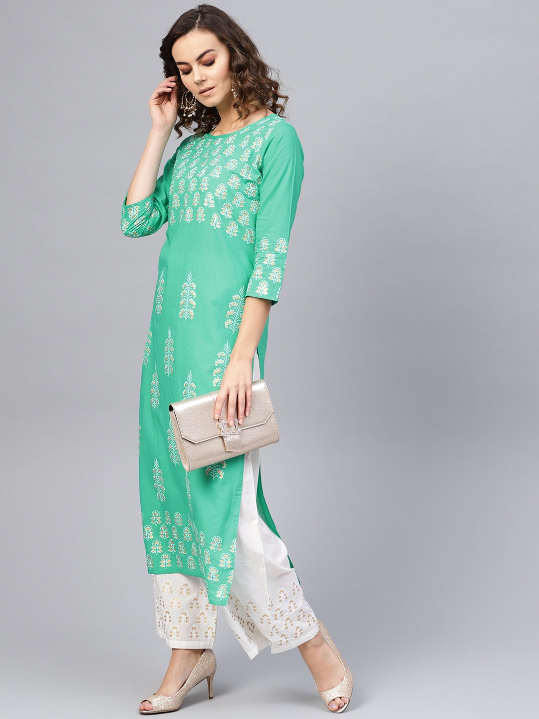 Women Green & White Printed Kurta With Palazzos | LASVINI - Redefining Indian Fashion with Elegance