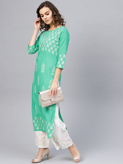 Women Green & White Printed Kurta With Palazzos | LASVINI - Redefining Indian Fashion with Elegance