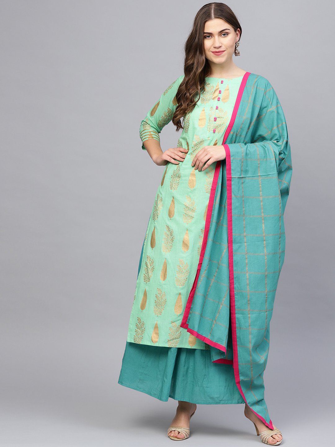 Women Green & Blue Printed Kurta With Skirt & Dupatta | LASVINI - Redefining Indian Fashion with Elegance