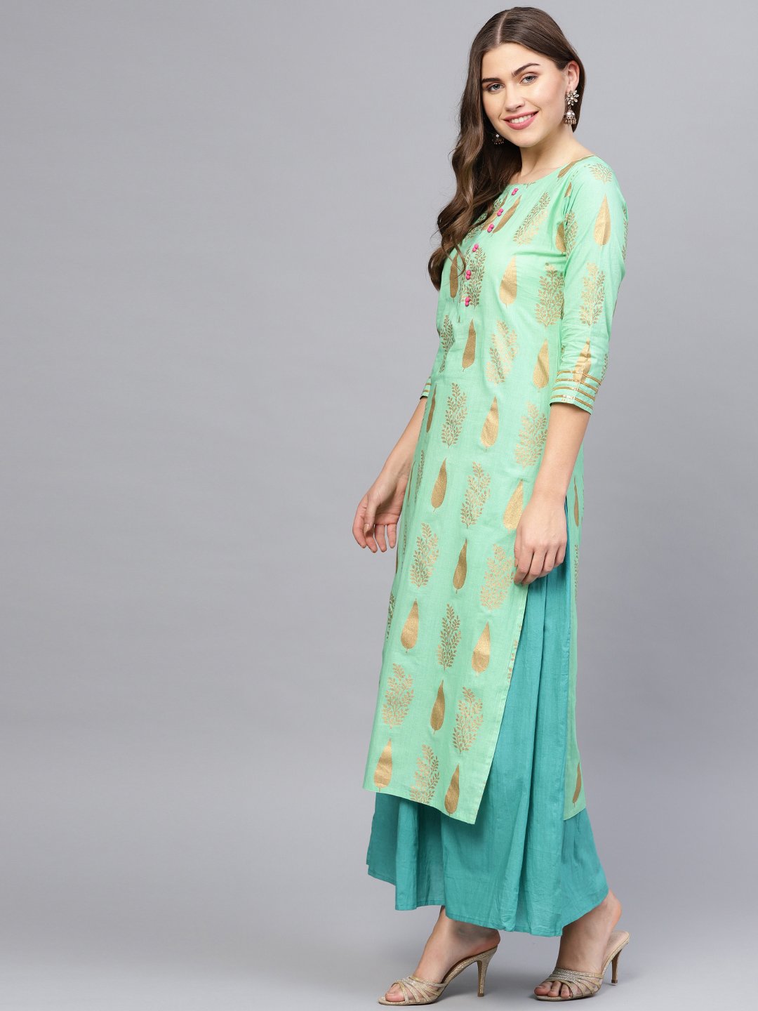 Women Green & Blue Printed Kurta With Skirt & Dupatta | LASVINI - Redefining Indian Fashion with Elegance
