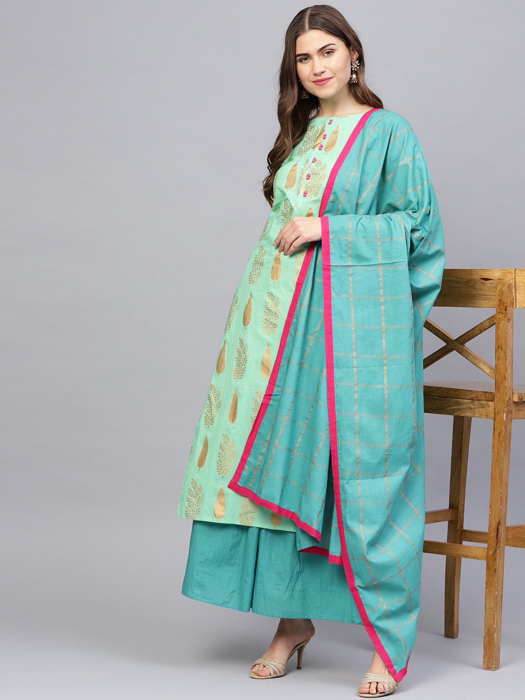 Women Green & Blue Printed Kurta With Skirt & Dupatta | LASVINI - Redefining Indian Fashion with Elegance