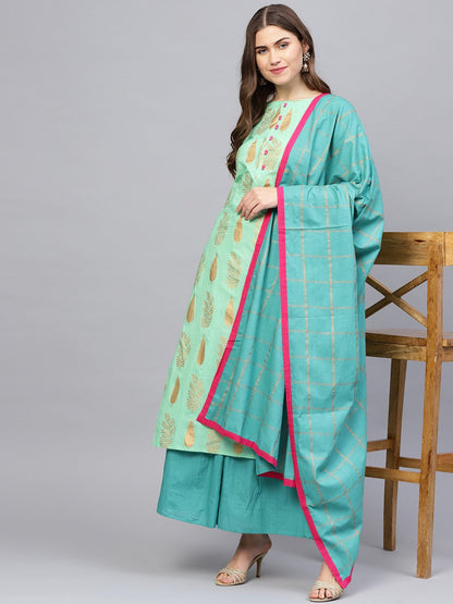Women Green & Blue Printed Kurta With Skirt & Dupatta | LASVINI - Redefining Indian Fashion with Elegance