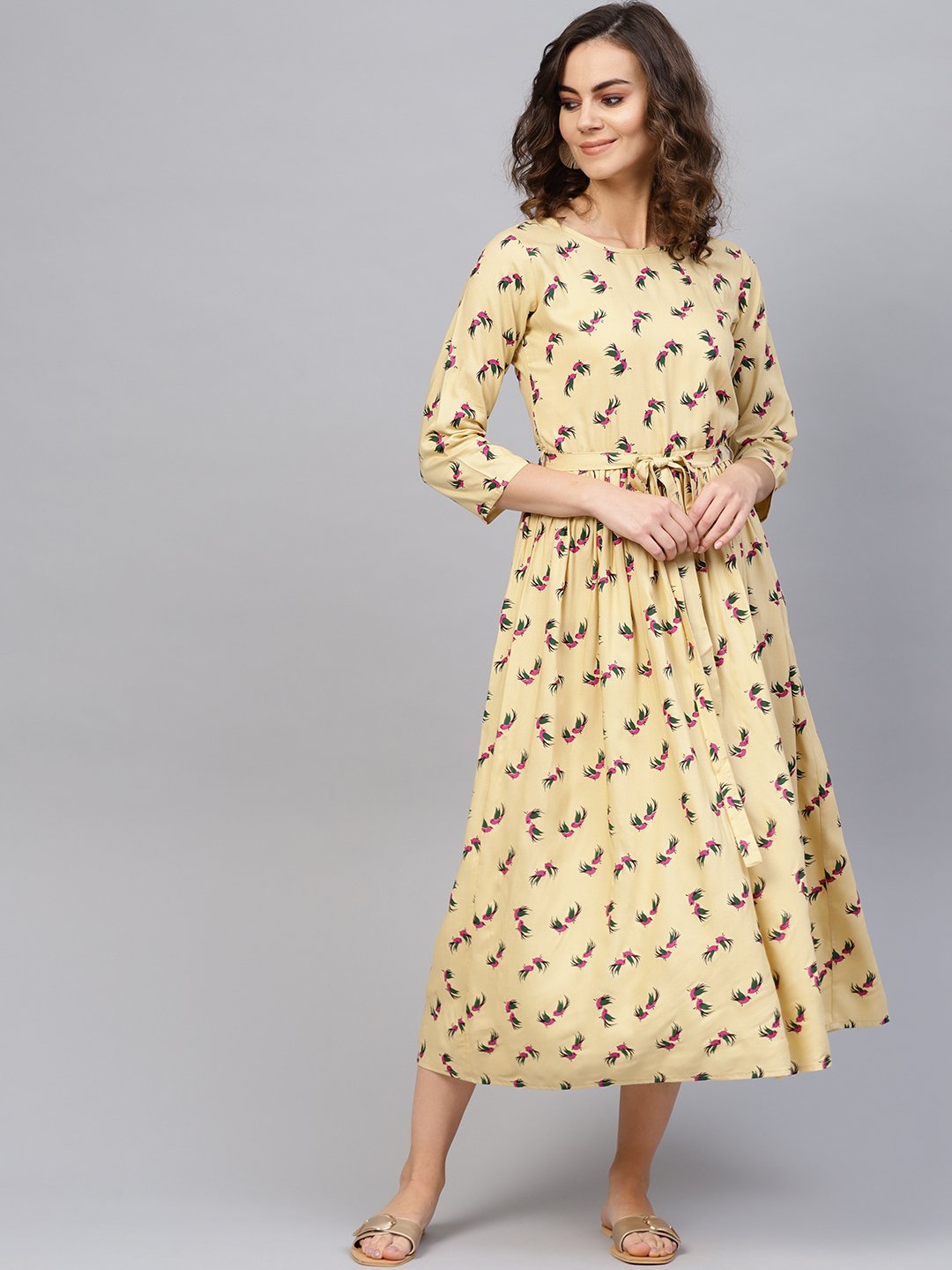 Women Beige & Magenta Printed A-Line Dress | LASVINI - Redefining Indian Fashion with Elegance
