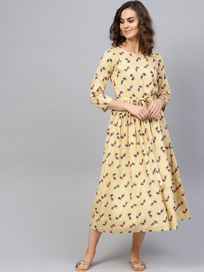 Women Beige & Magenta Printed A-Line Dress | LASVINI - Redefining Indian Fashion with Elegance