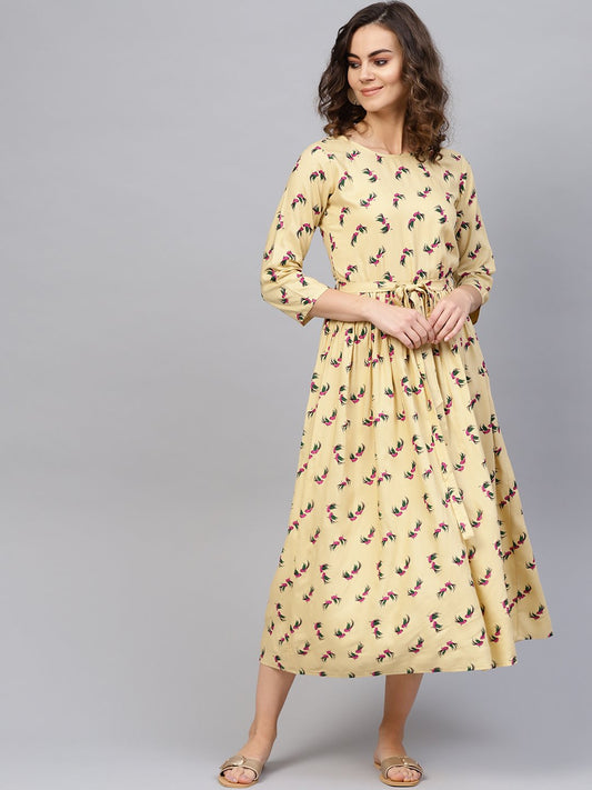 Women Beige & Magenta Printed A-Line Dress | LASVINI - Redefining Indian Fashion with Elegance