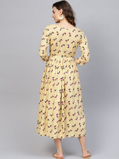 Women Beige & Magenta Printed A-Line Dress | LASVINI - Redefining Indian Fashion with Elegance